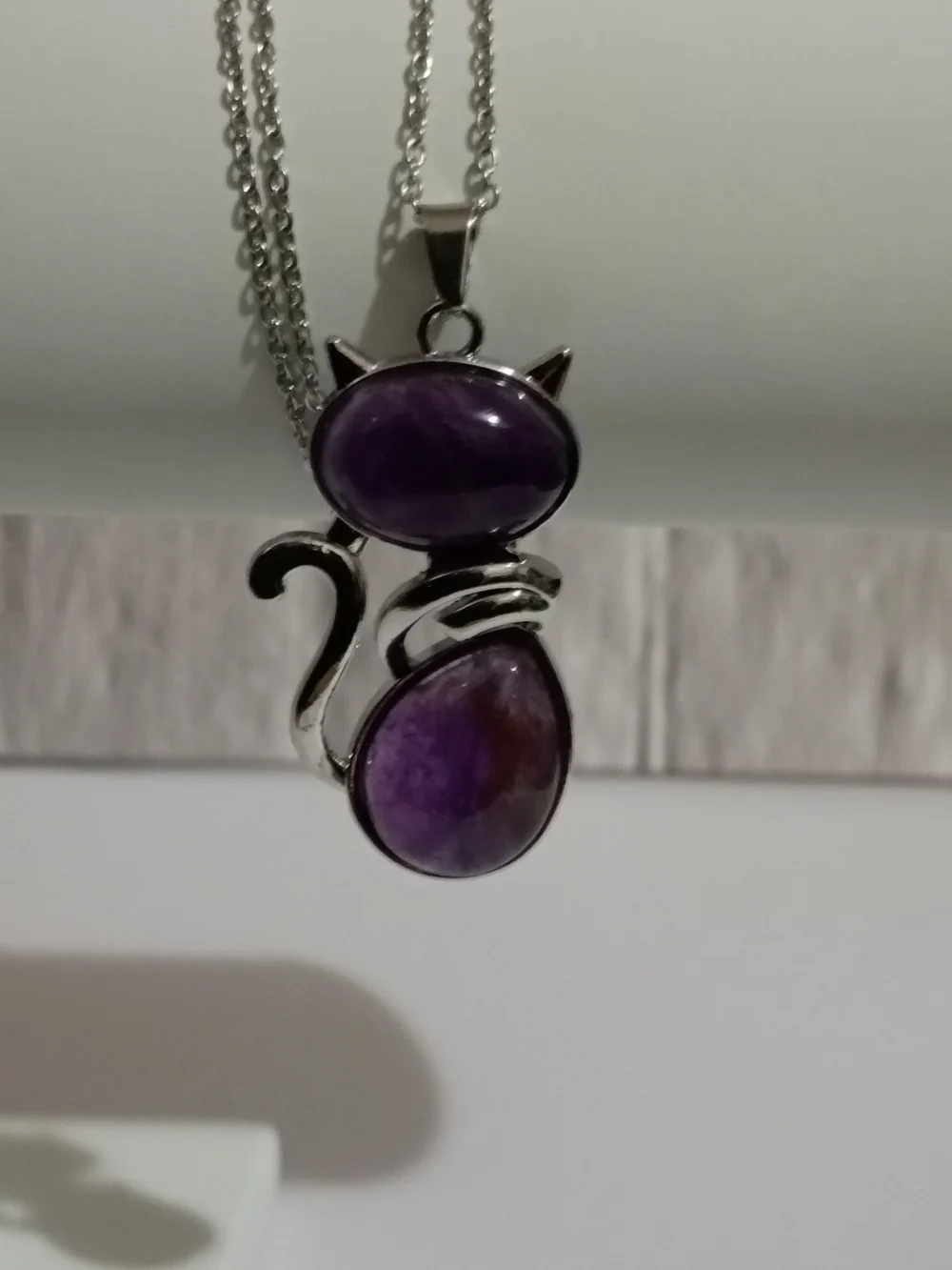 Amethyst Natural Crystal Gemstone Cat Pendant Necklace Stainless Steel 17-in